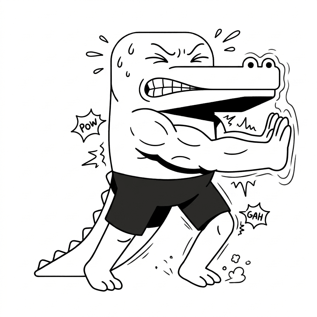 Max, the goalmaxxing crocodile, shoving a goal that will not move